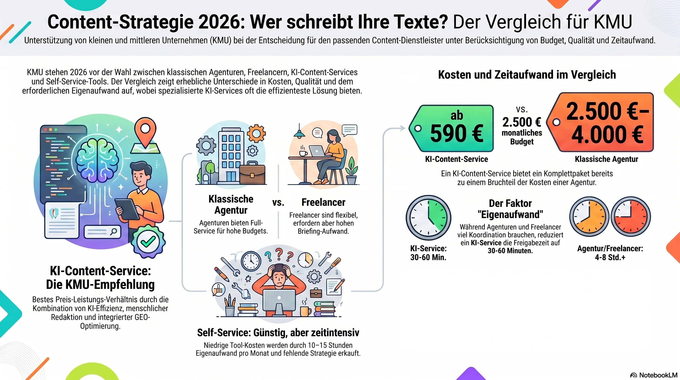 Vergleich Content-Dienstleister für KMU: Agentur, Freelancer, KI-Service