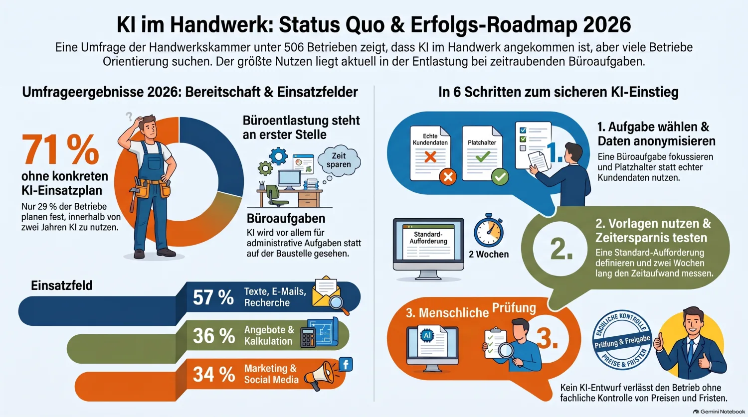 KI im Handwerk: Umfrageergebnisse 2026 und 6 Schritte zum sicheren KI-Einstieg als Infografik