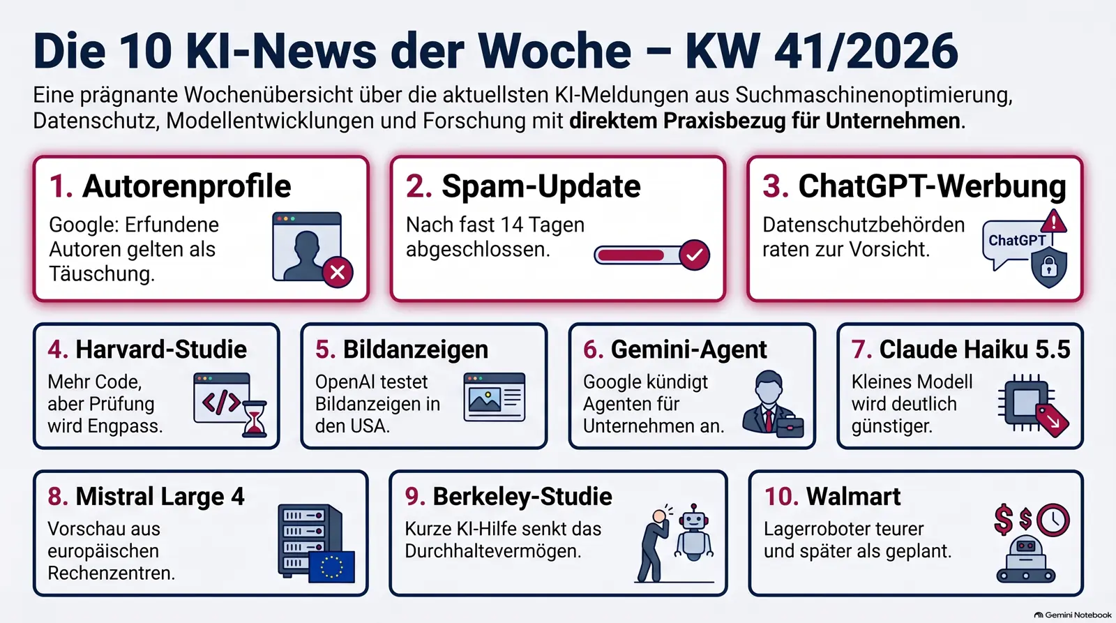 Infografik mit den zehn KI-News der KW 41 im Oktober 2026 für KMU