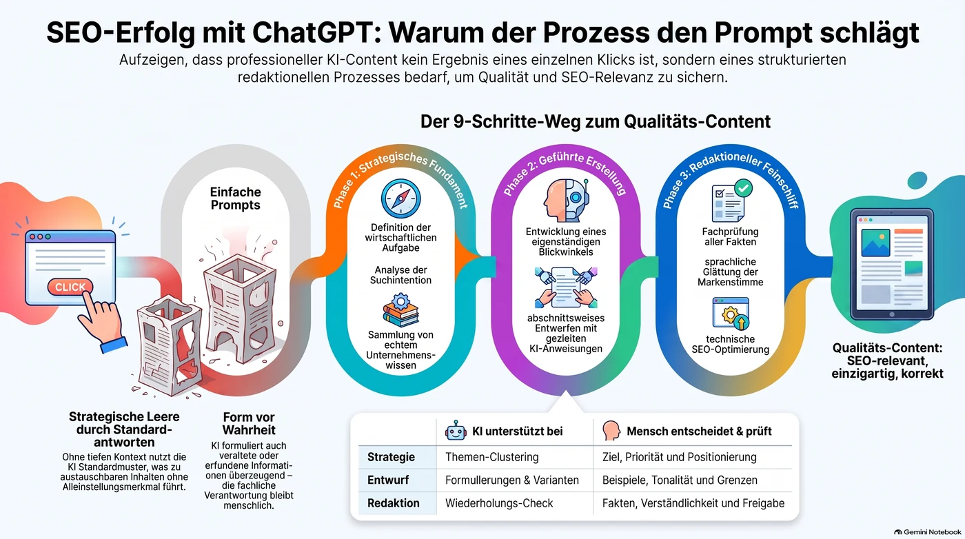 Redaktioneller Prozess für SEO-Texte mit ChatGPT von der Recherche bis zur Veröffentlichung