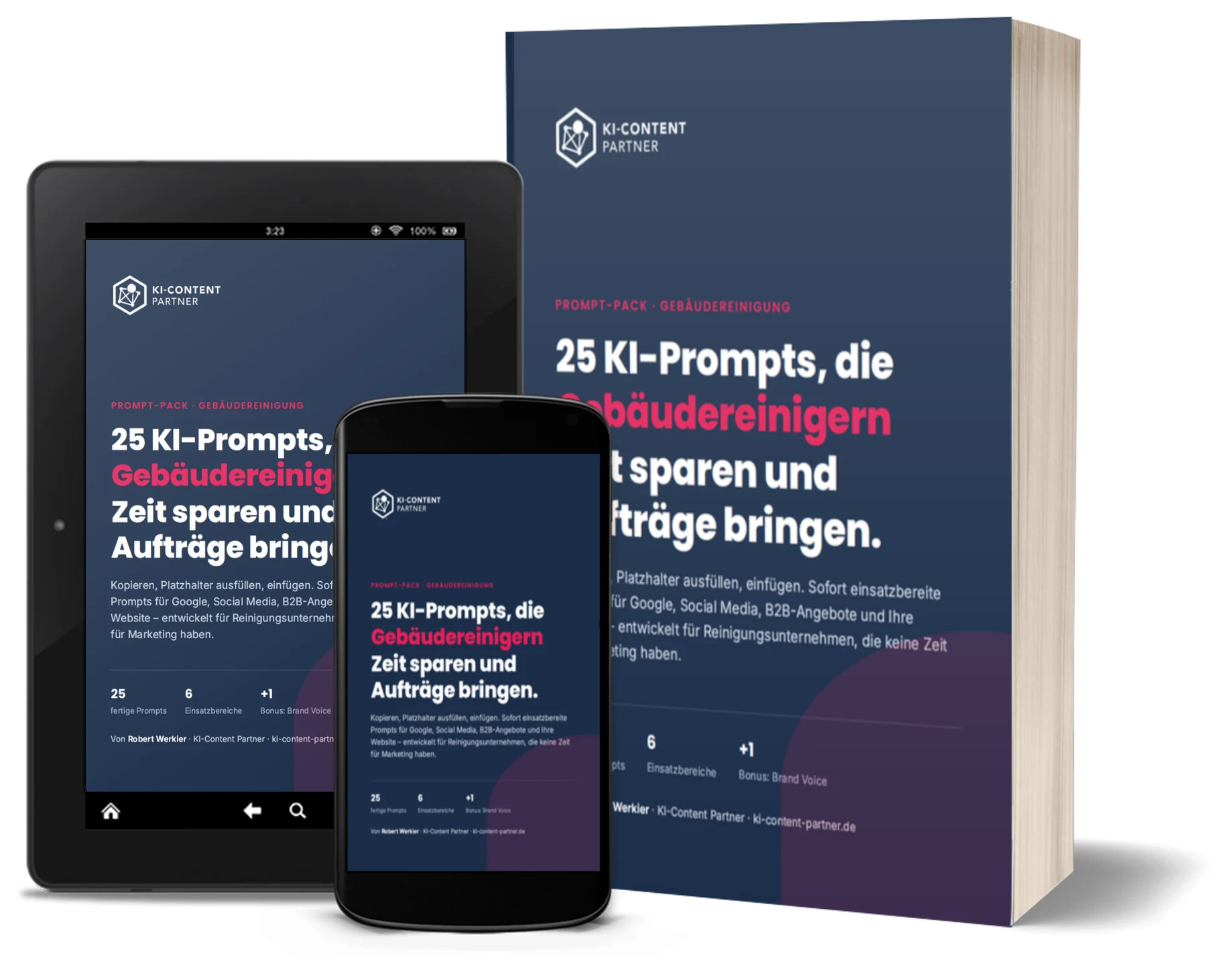 Gebäudereinigung KI-Prompt-Pack – Buch, Tablet und Smartphone