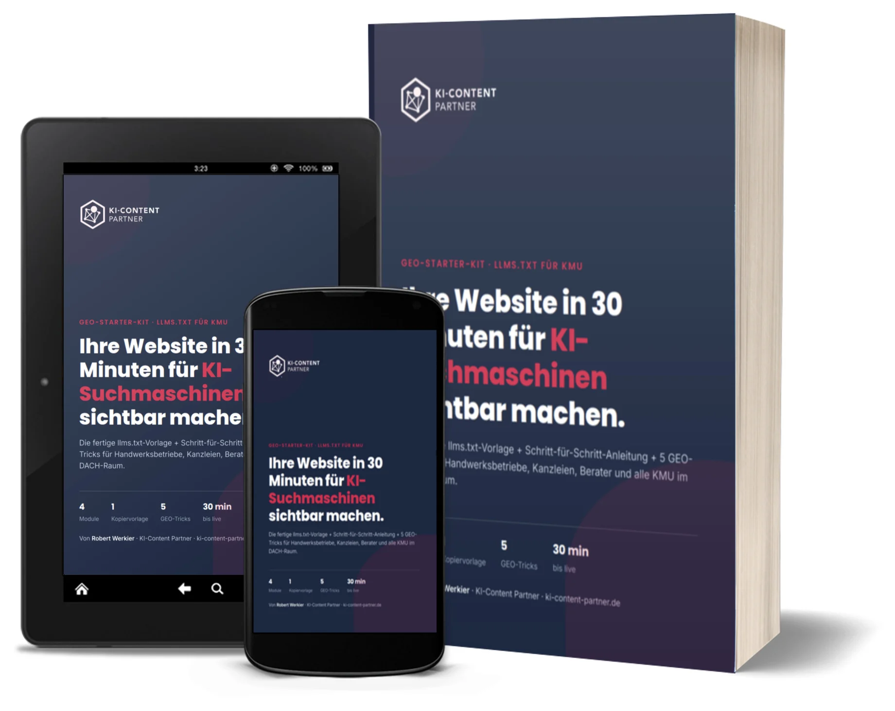 GEO-Starter-Kit als Buch und auf Tablet – llms.txt-Vorlage für KMU