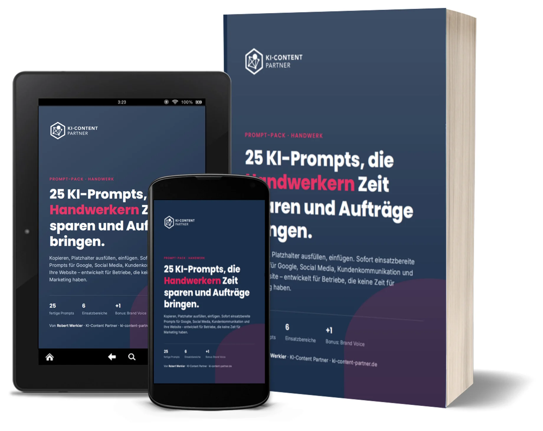 Handwerk KI-Prompt-Pack – Buch, Tablet und Smartphone