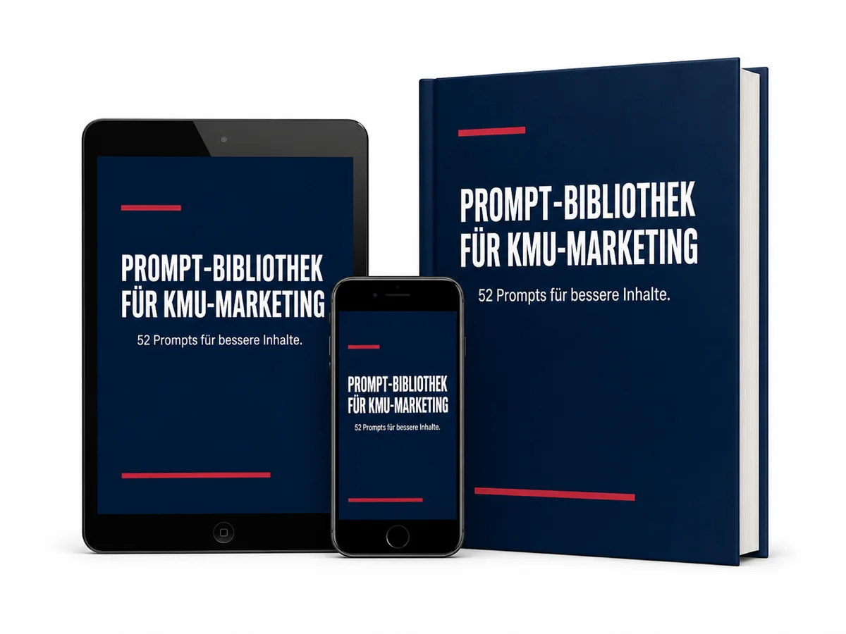Prompt-Bibliothek für KMU-Marketing als Buch, Tablet und Smartphone